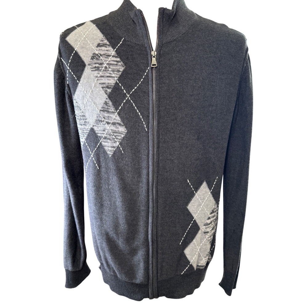 BKE Mens Charcoal Gray Argyle Full Zip Cardigan Sweater Mock Neck Large